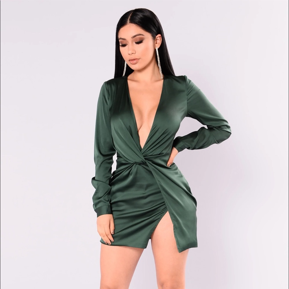 Hunter green satin mini dress